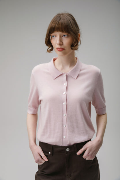 Women's Cashmere Polo Cardigan - Soft Pink