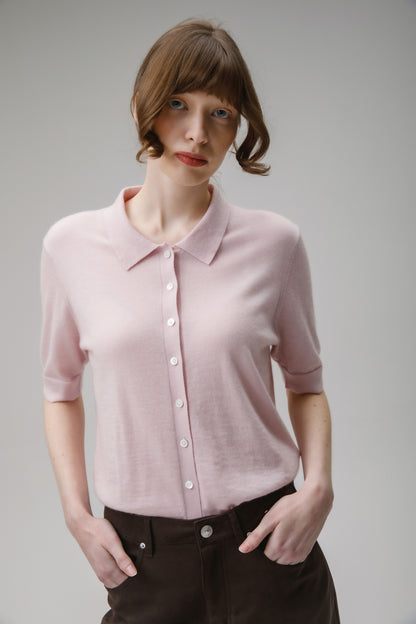 Women's Cashmere Polo Cardigan - Soft Pink