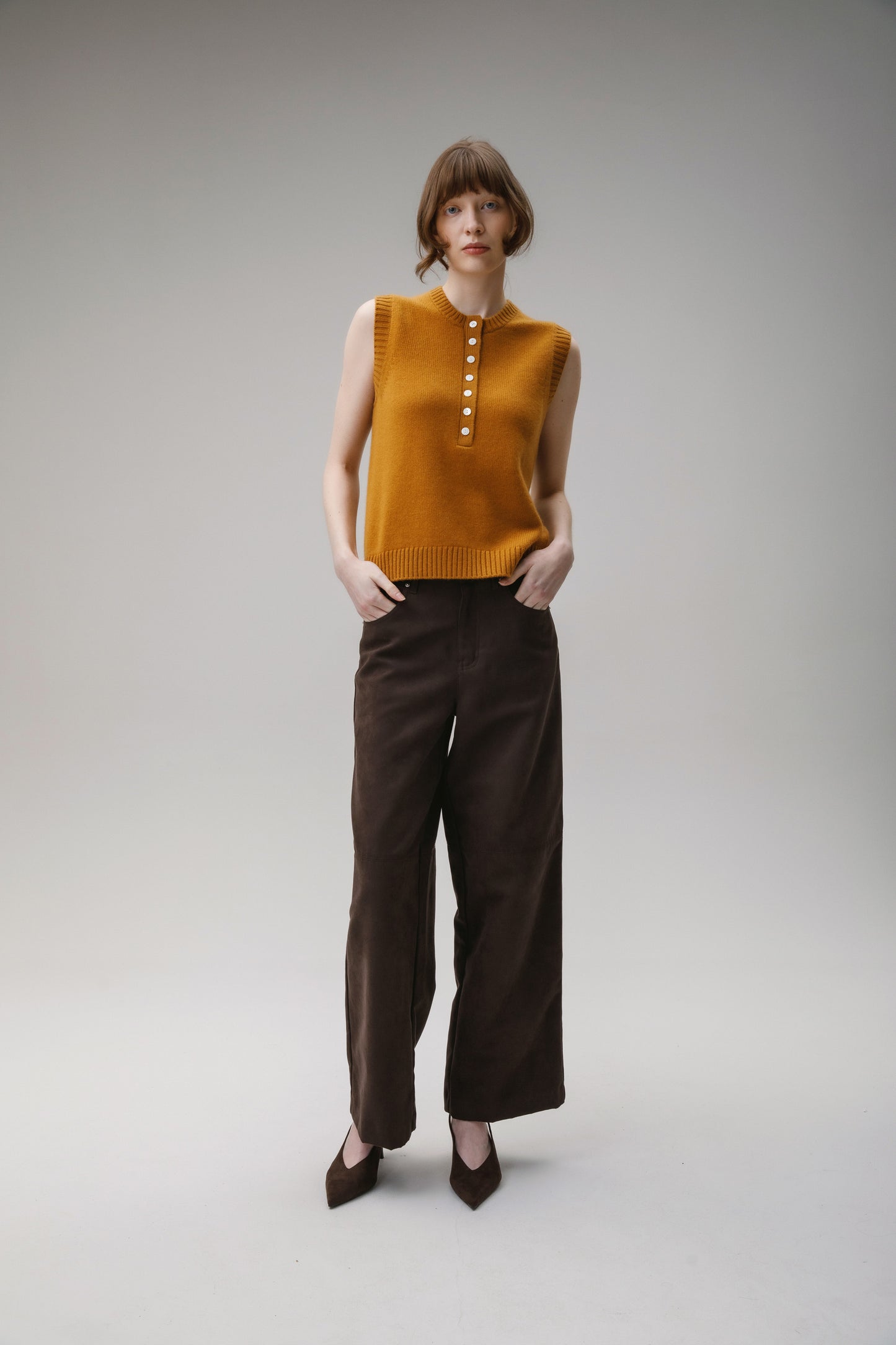 Crew Neck Cashmere Button Vest - Amber Haze