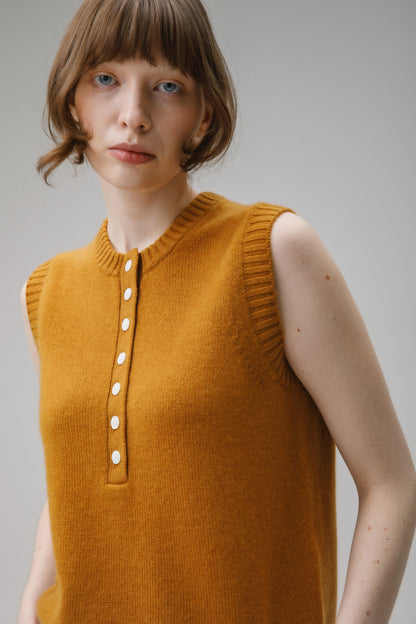 Crew Neck Cashmere Button Vest - Amber Haze
