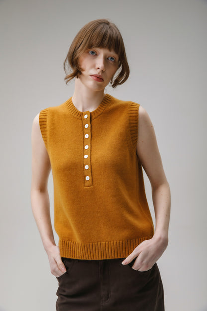 Crew Neck Cashmere Button Vest - Amber Haze