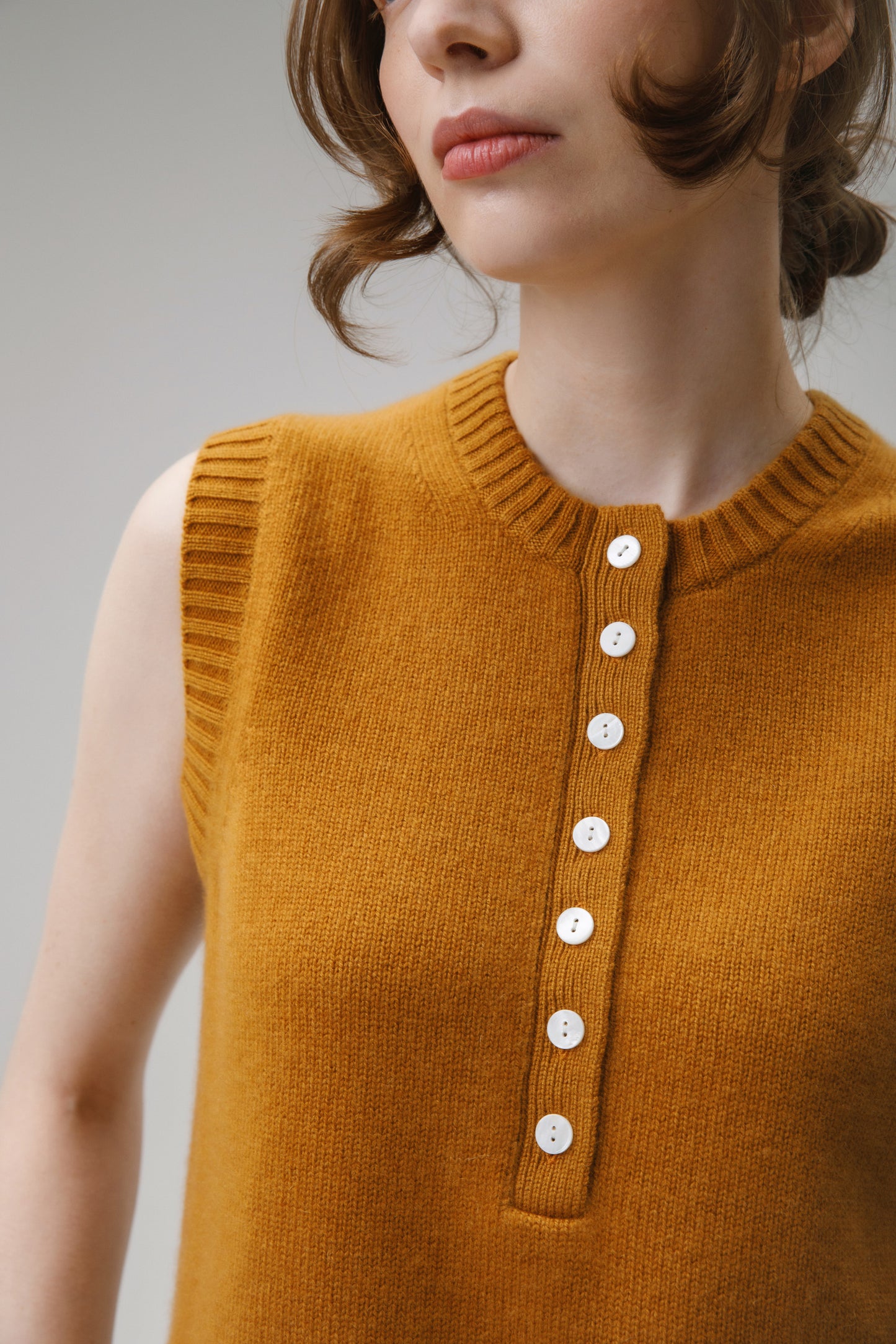 Crew Neck Cashmere Button Vest - Amber Haze