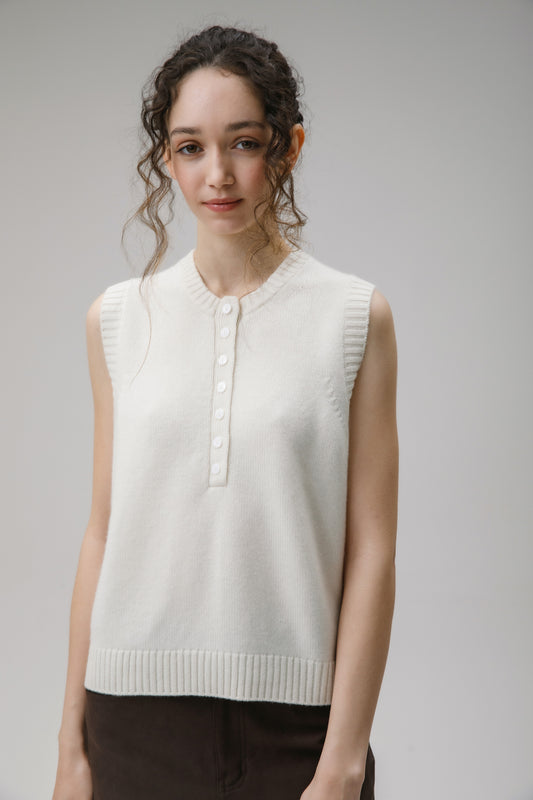 Crew Neck Button Cashmere Vest - Soft White