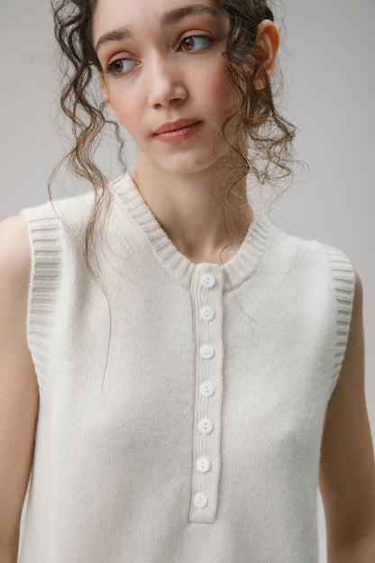 Women's Crew Neck Button Cashmere Vest - Soft White