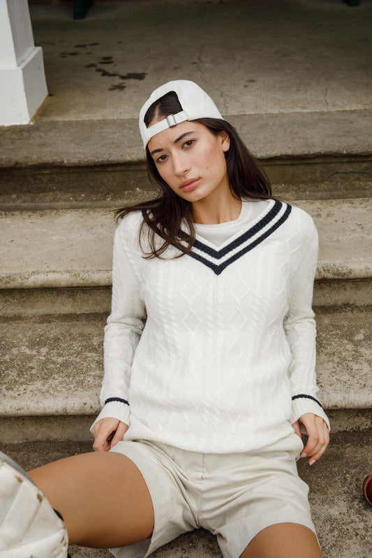 Women's Cashmere Cricket Style Jumper - Cream & Charcoal