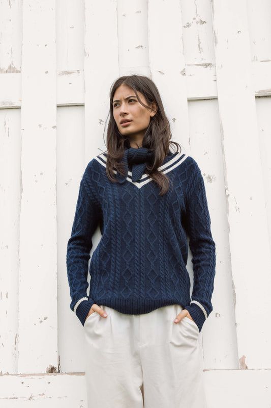 Women's Cashmere Cricket Style Jumper - Navy & Cream