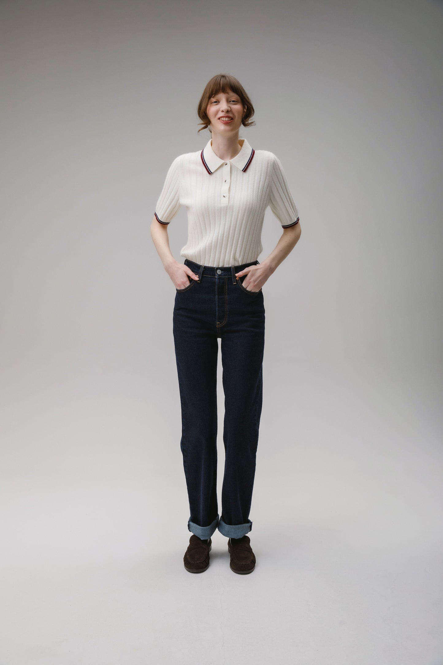 Ribbed Knit Cashmere Polo - Off White