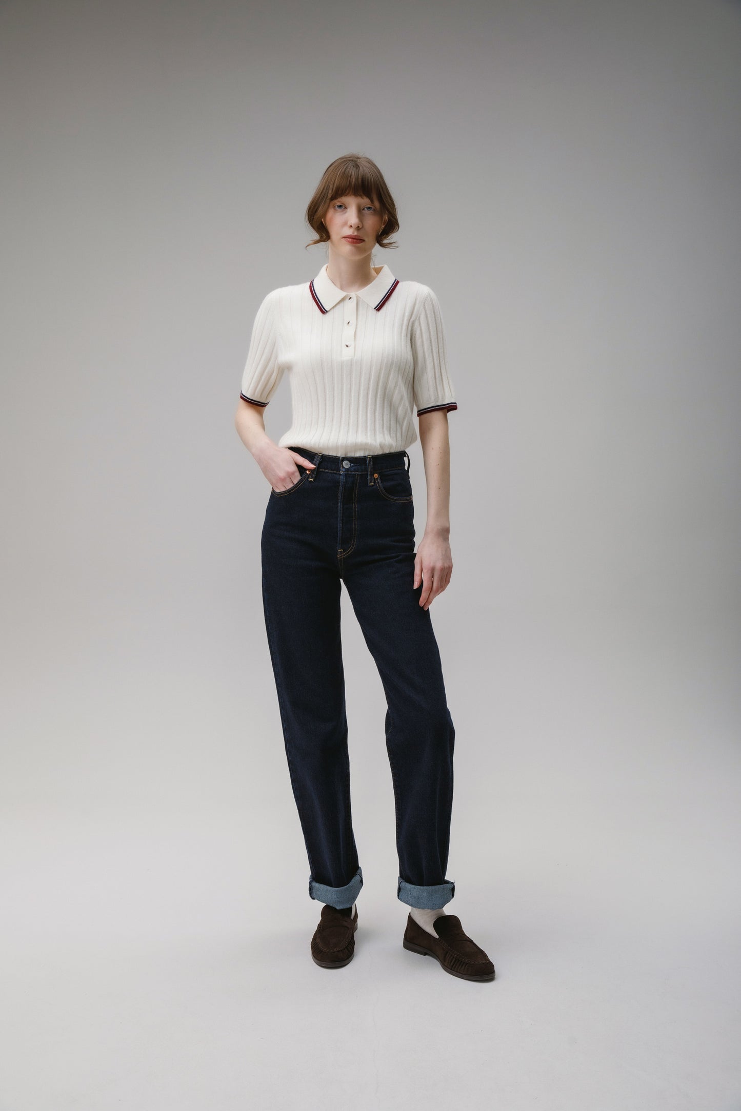 Ribbed Knit Cashmere Polo - Off White