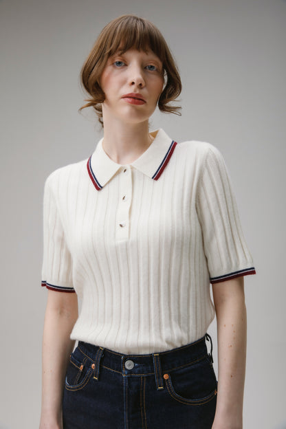 Ribbed Knit Cashmere Polo - Off White