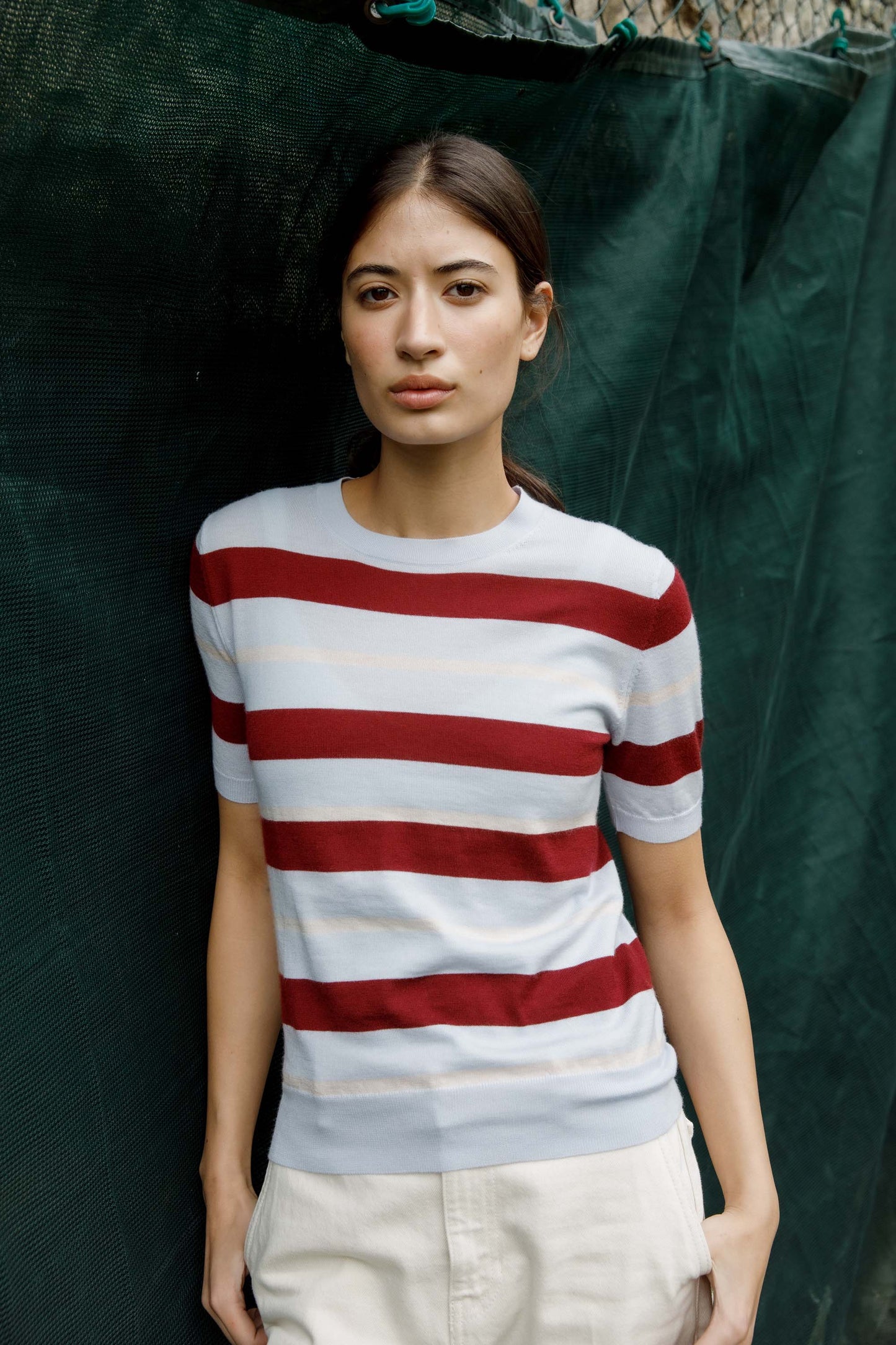 Women's Stockbridge Stripe Cashmere T-Shirt - Pale Blue