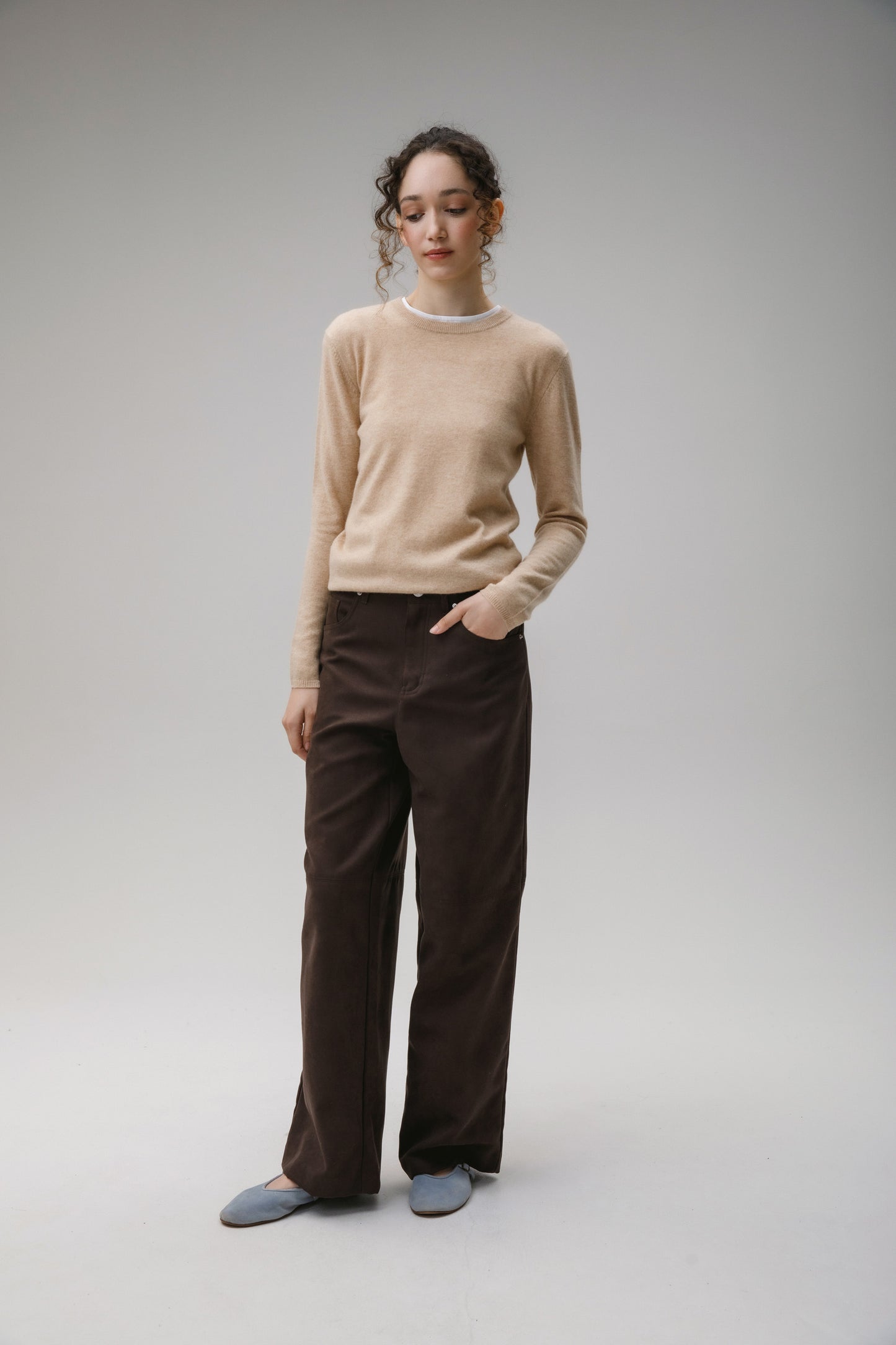 Women's Cashmere Crew Neck Jumper - Vicuna
