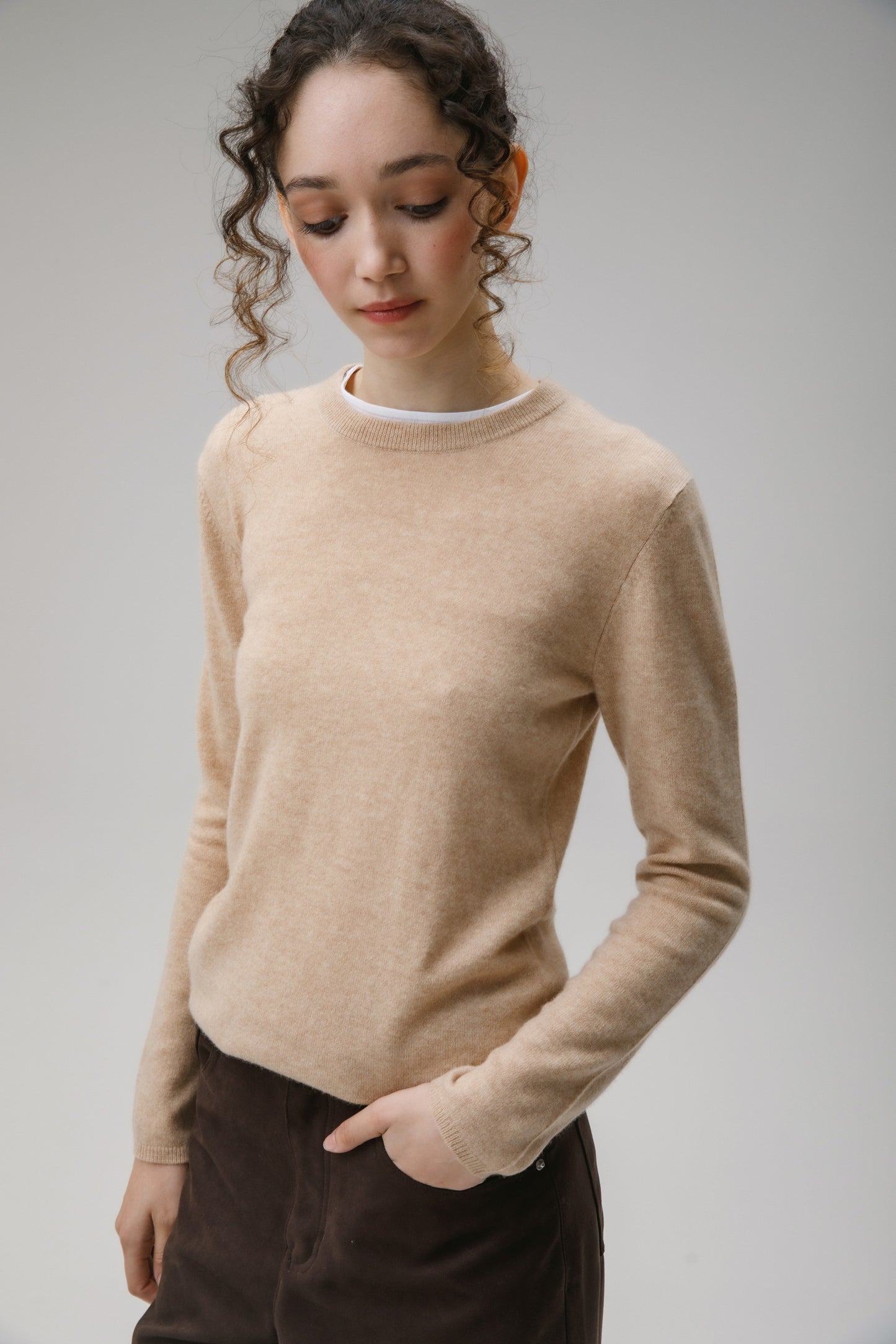 Women's Cashmere Crew Neck Jumper - Vicuna