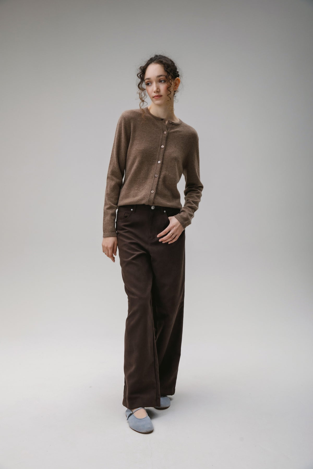 Women's Cashmere High Button Cardigan - Squirrel