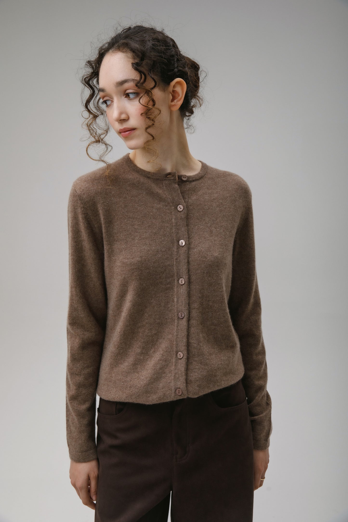 Women's Cashmere High Button Cardigan - Squirrel