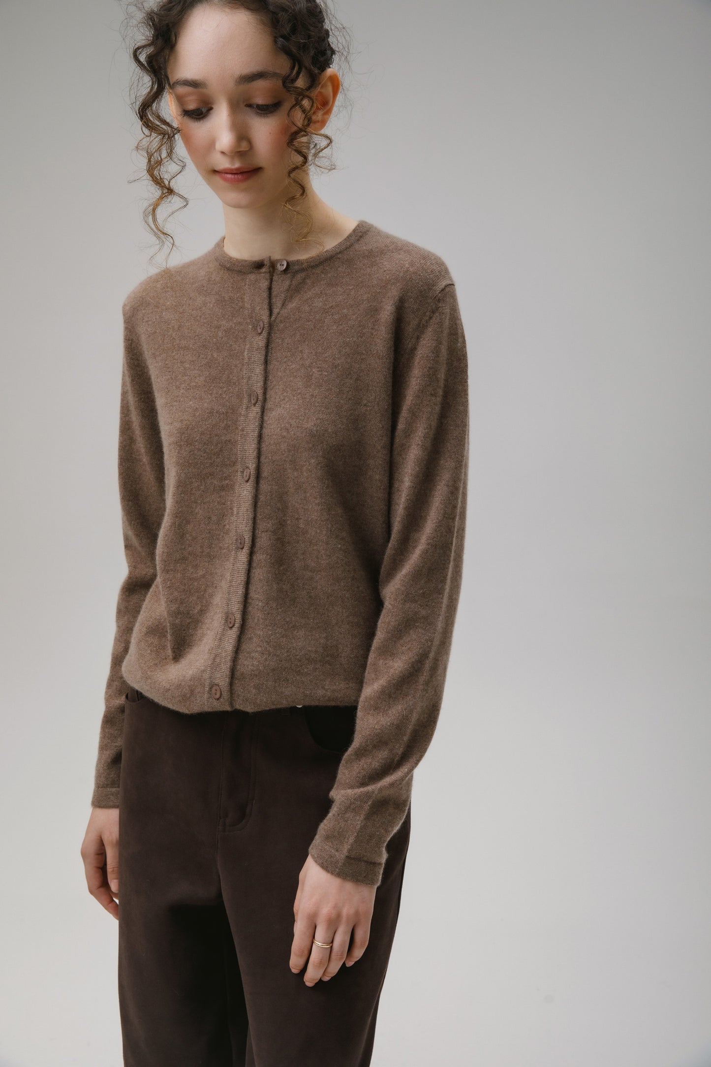 Women's Cashmere High Button Cardigan - Squirrel