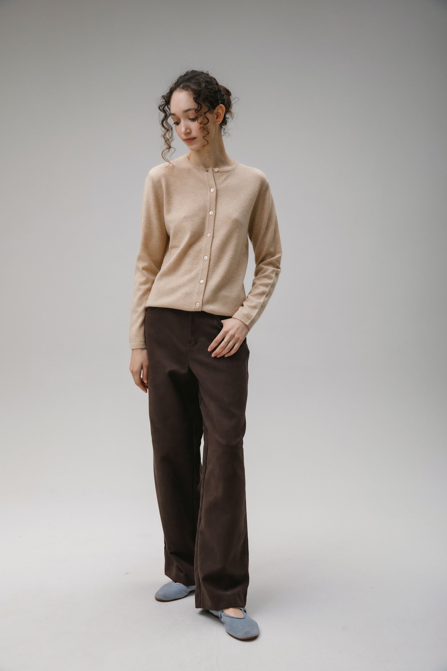 Women's Cashmere High Button Cardigan - Vicuna