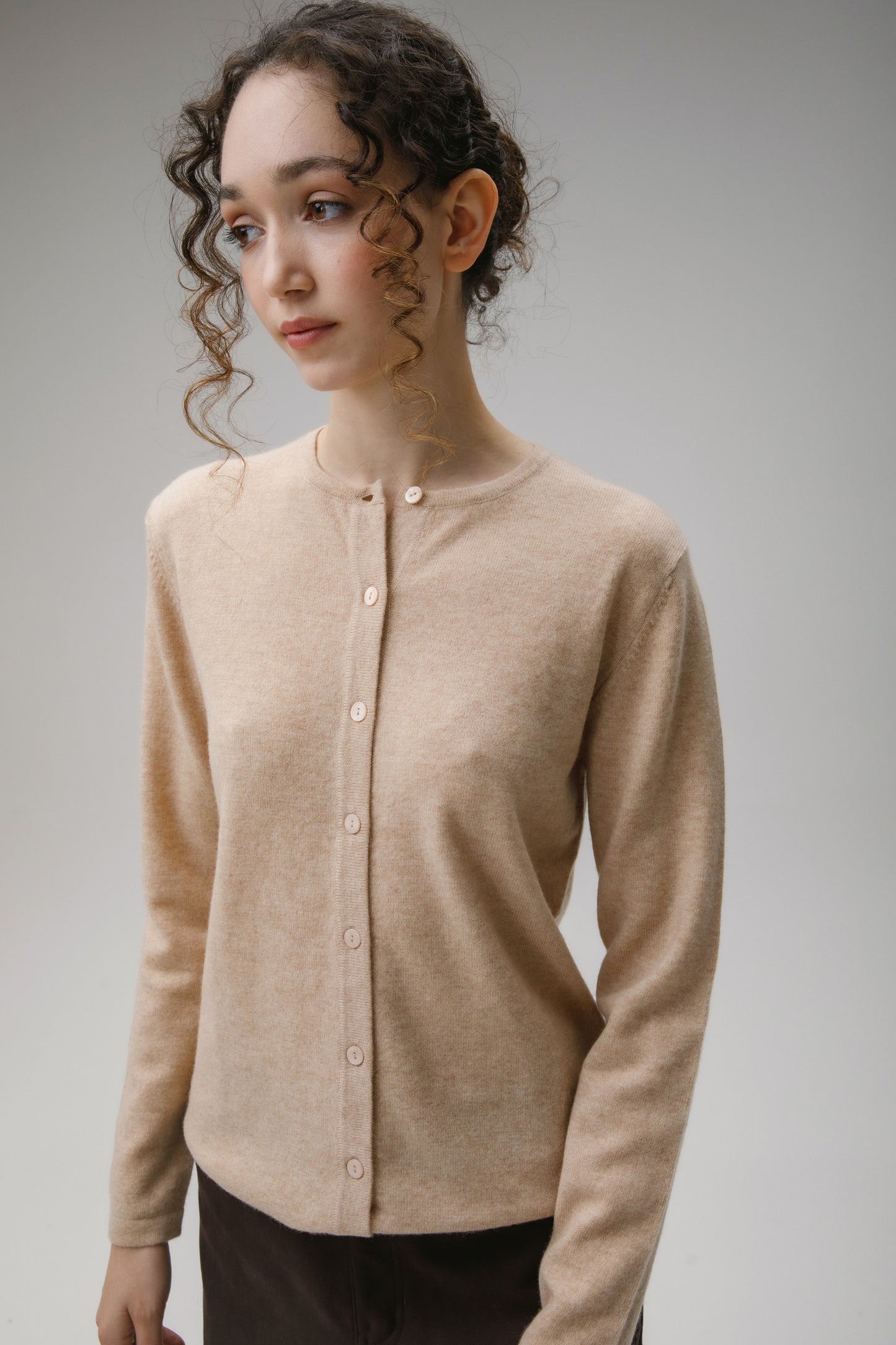 Women's Cashmere High Button Cardigan - Vicuna