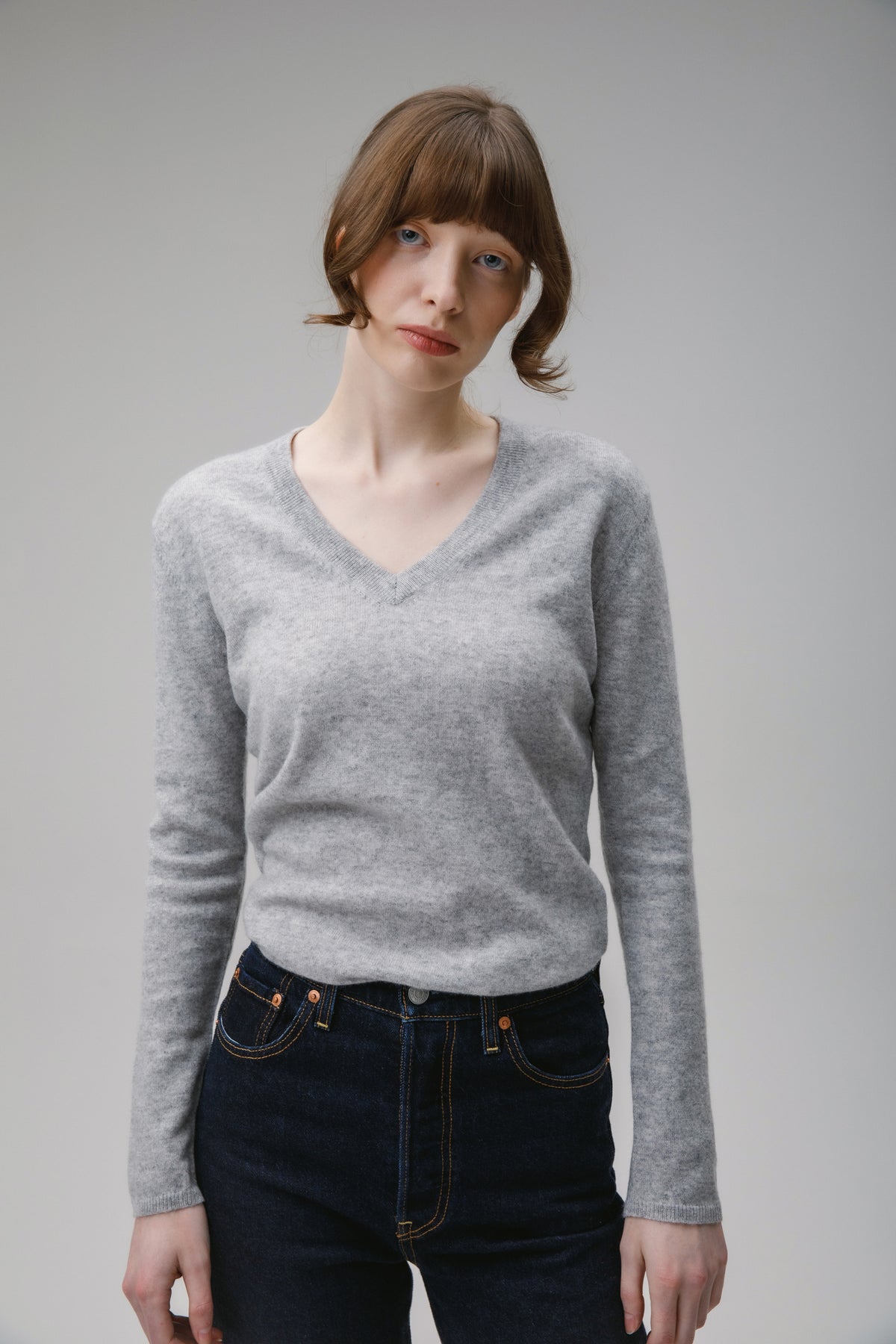 Cashmere V Neck Jumper Light Grey