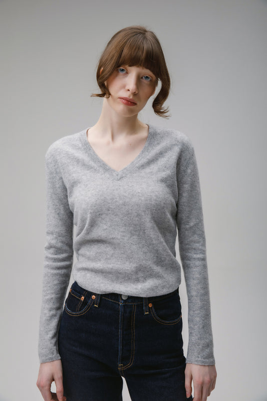 Women's Cashmere V Neck Jumper - Light Grey