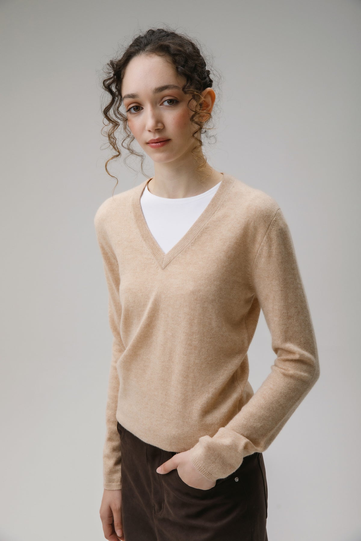 Cashmere V Neck Jumper Vicuna