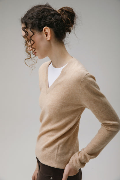 Women's Cashmere V Neck Jumper - Vicuna