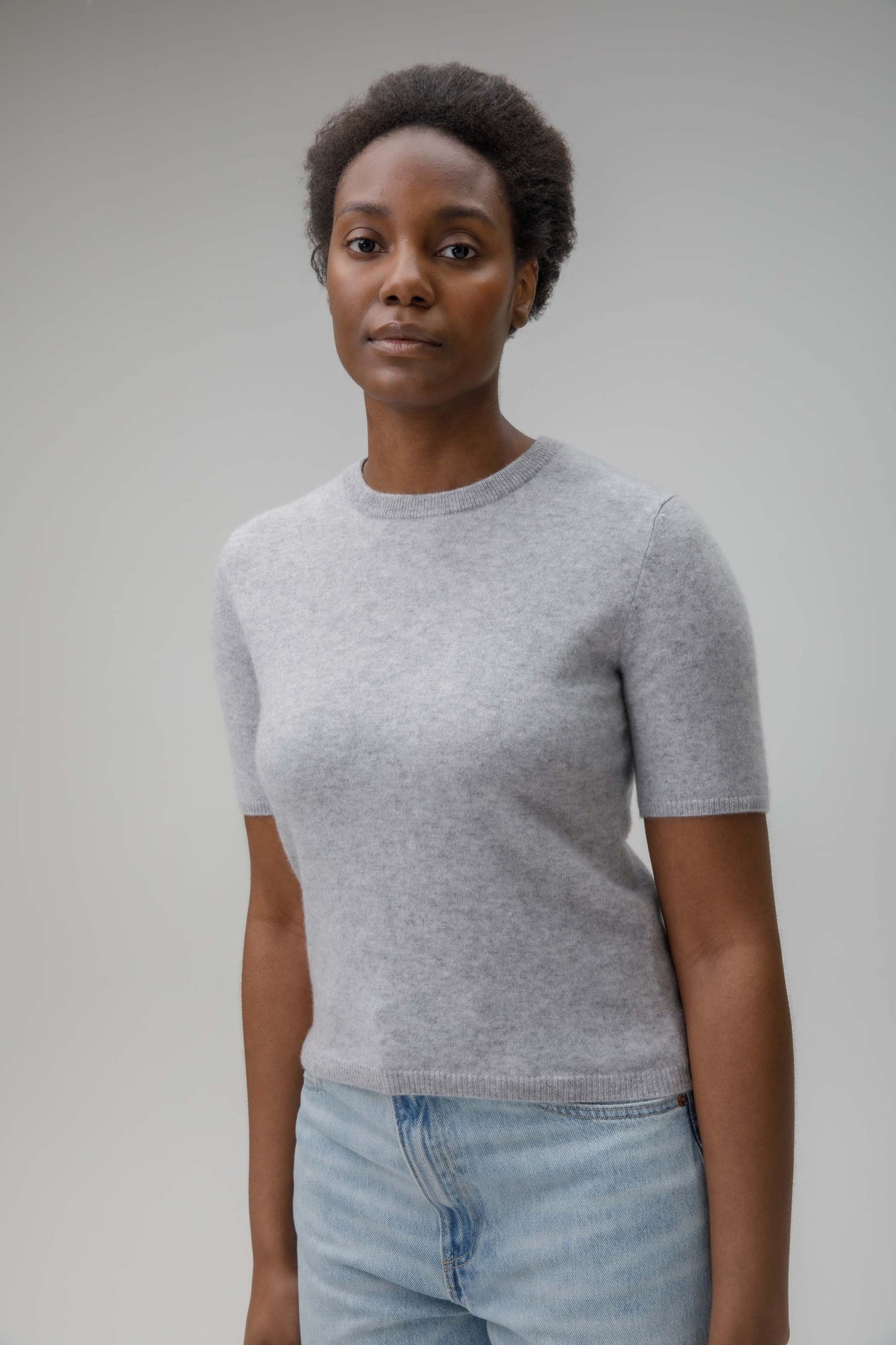Women's Crew Neck Cashmere T-Shirt  - Light Grey