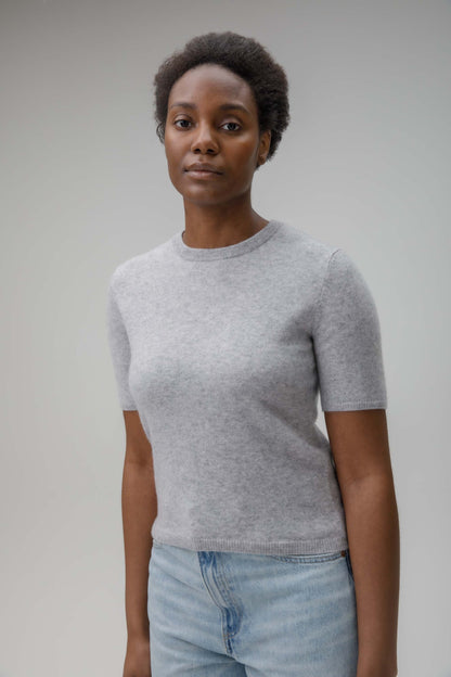 Women's Crew Neck Cashmere T-Shirt  - Light Grey