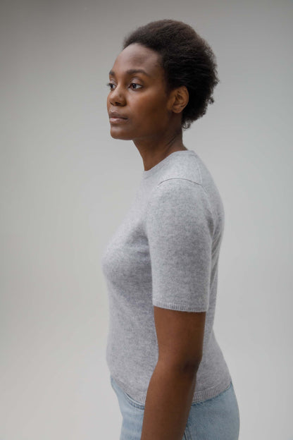 Women's Crew Neck Cashmere T-Shirt  - Light Grey