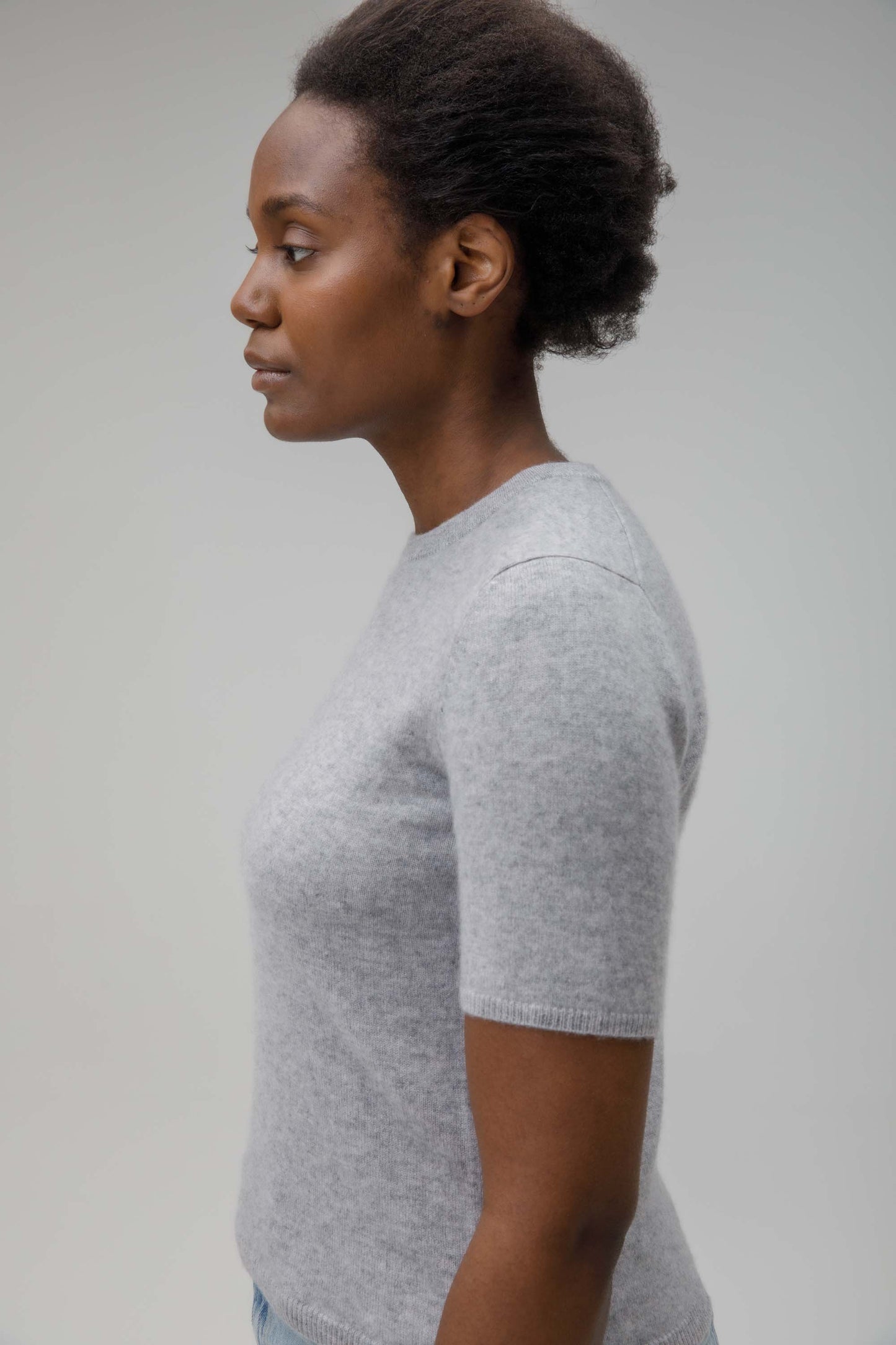 Women's Crew Neck Cashmere T-Shirt  - Light Grey