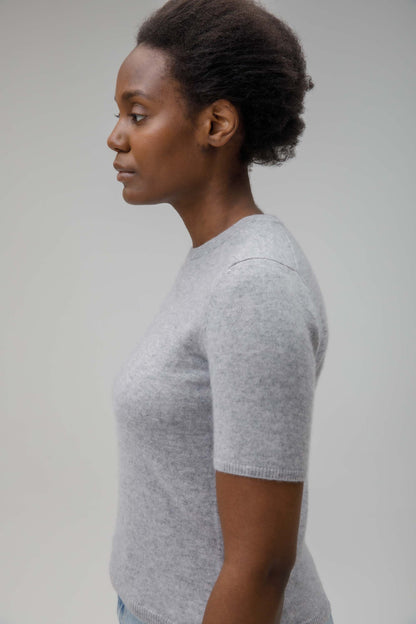 Women's Crew Neck Cashmere T-Shirt  - Light Grey