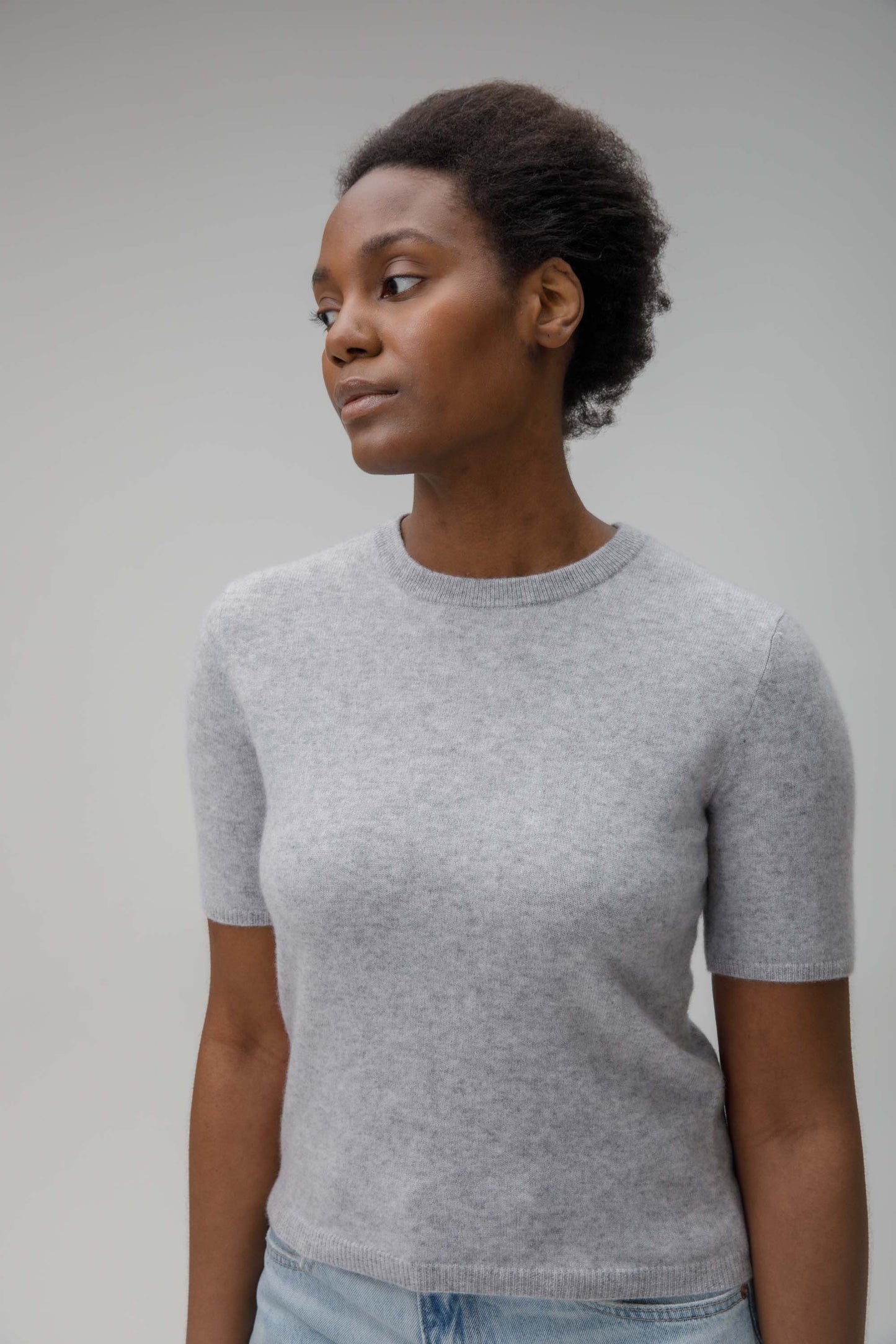 Women's Crew Neck Cashmere T-Shirt  - Light Grey