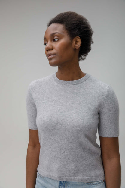 Women's Crew Neck Cashmere T-Shirt  - Light Grey