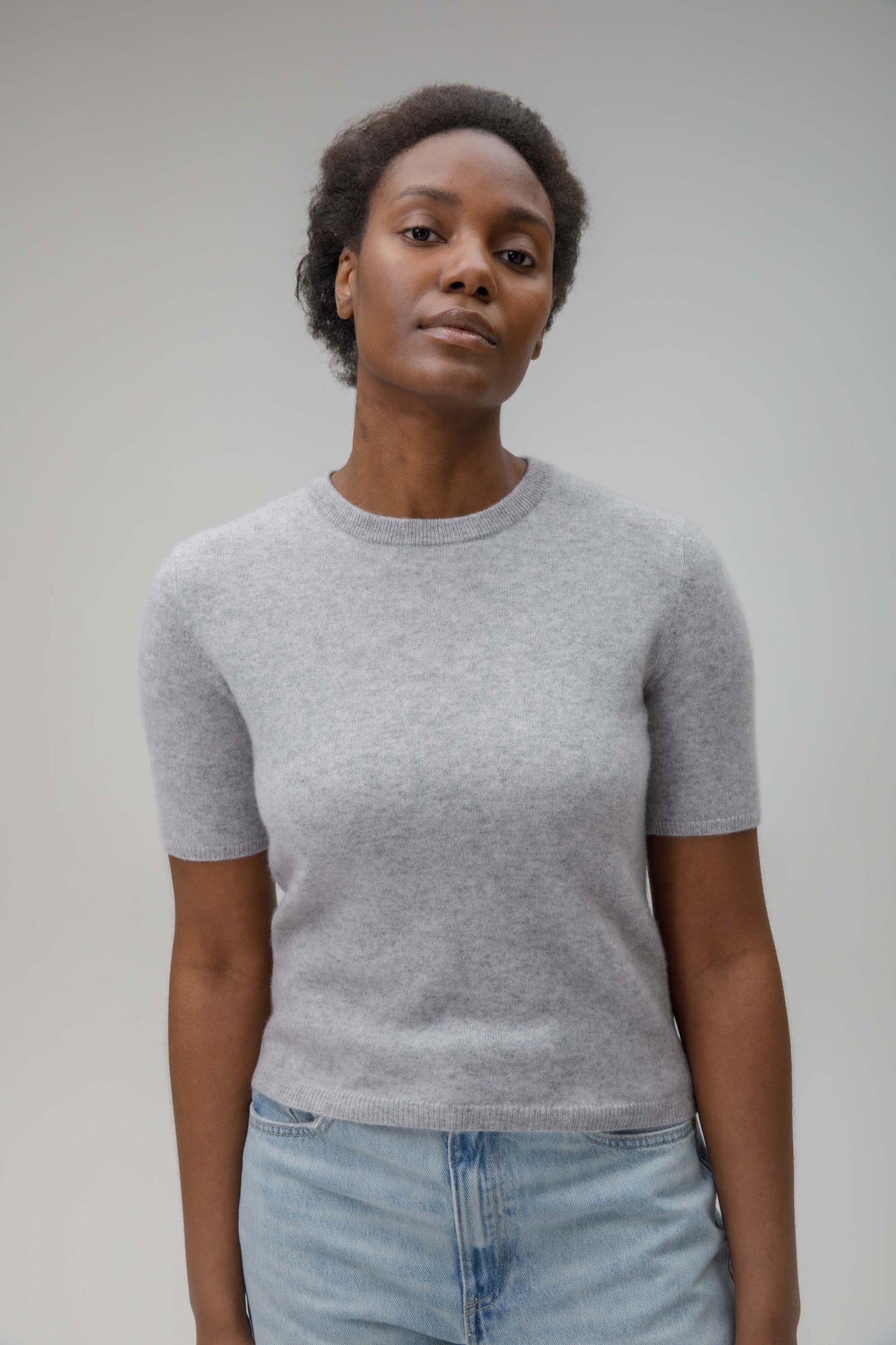 Women's Crew Neck Cashmere T-Shirt  - Light Grey