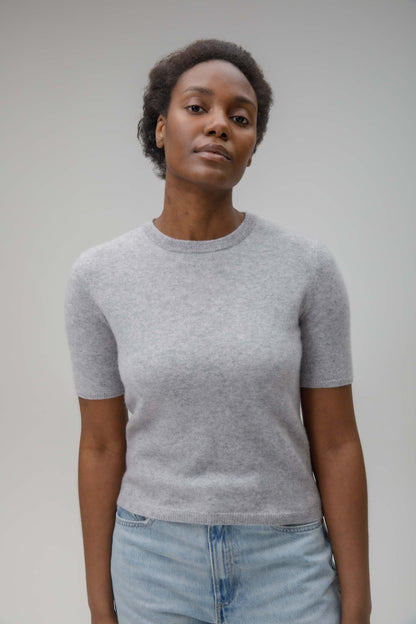 Women's Crew Neck Cashmere T-Shirt  - Light Grey
