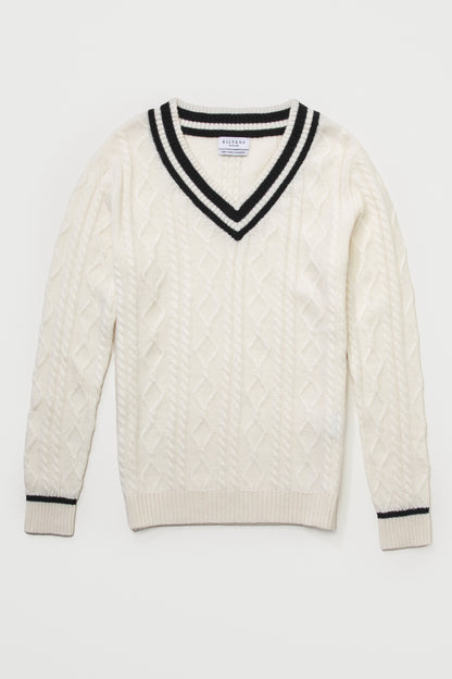 Women's Cricket Style Cable V Neck Jumper - Cream & Black