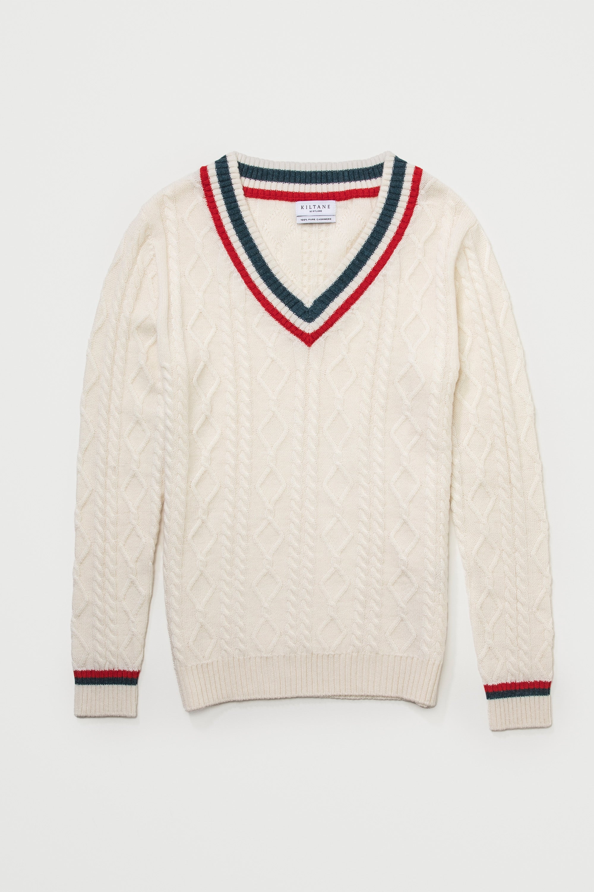 Women s Cricket Style Cable V Neck Jumper Cream Green Red