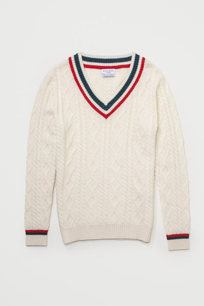 Women's Cricket Style Cable V Neck Jumper - Cream, Green & Red