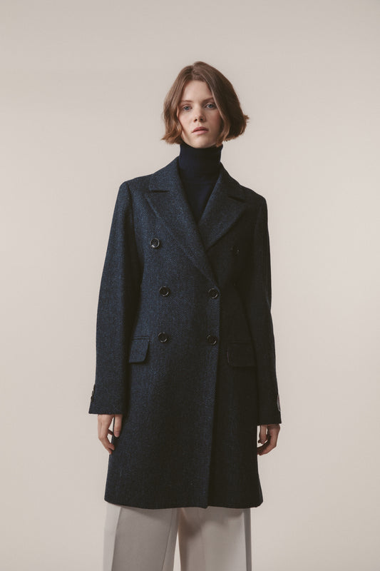 Women's Harris Tweed Melody Coat - Dark Navy Blue Herringbone