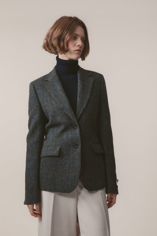 Women's Harris Tweed Heather Blazer - Grey Herringbone Rust Check