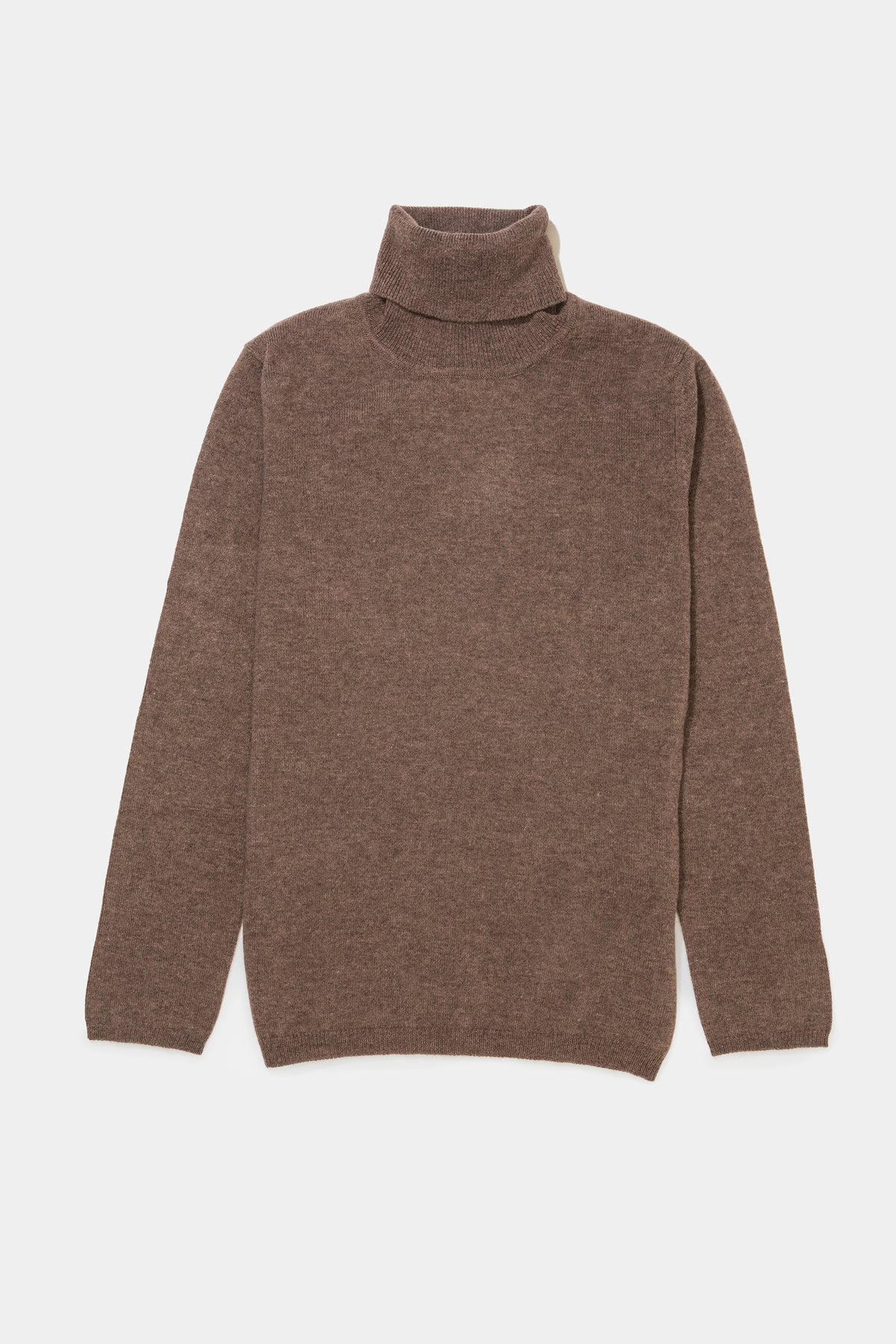 Women's Cashmere Polo Neck Jumper in Squirrel — flat lay front view showing heathered brown knit and folded turtleneck