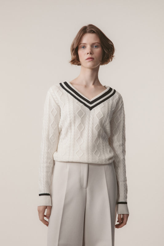 Women's Cashmere Cricket Style Jumper - Cream & Charcoal