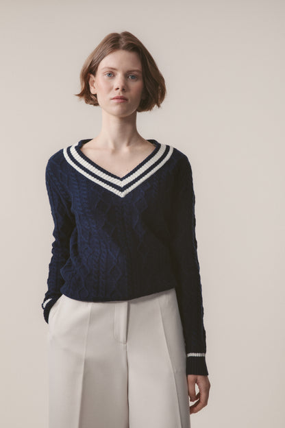 Women's Cashmere Cricket Style Jumper in navy with cream striped V-neck and cuffs, cable-knit texture, relaxed fit