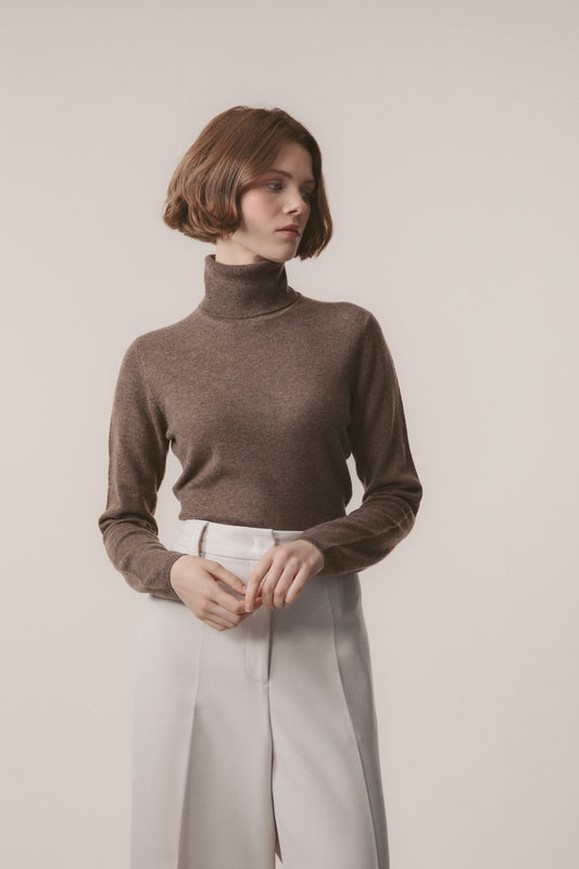 Women's Cashmere Polo Neck Jumper - Squirrel