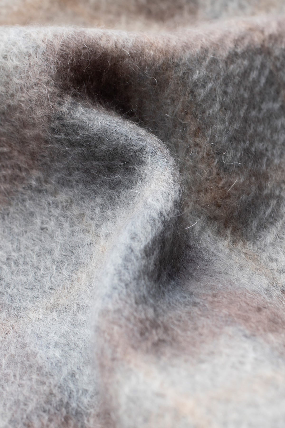 Close-up of Heritage Tartan Cashmere Wrap - Mackellar Natural showing soft brushed texture in muted grey, taupe, and cream tones