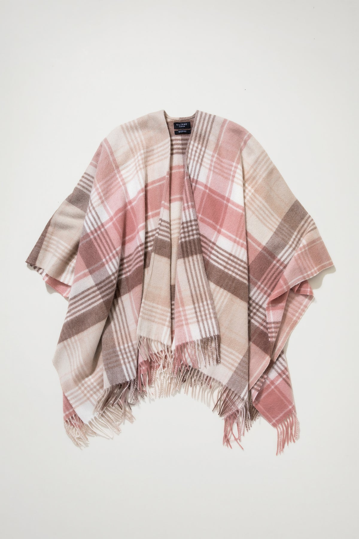 Repeat Edge Cashmere Wrap - Natural laid flat showing open front drape with pink, cream, and brown tartan pattern and fringed hem