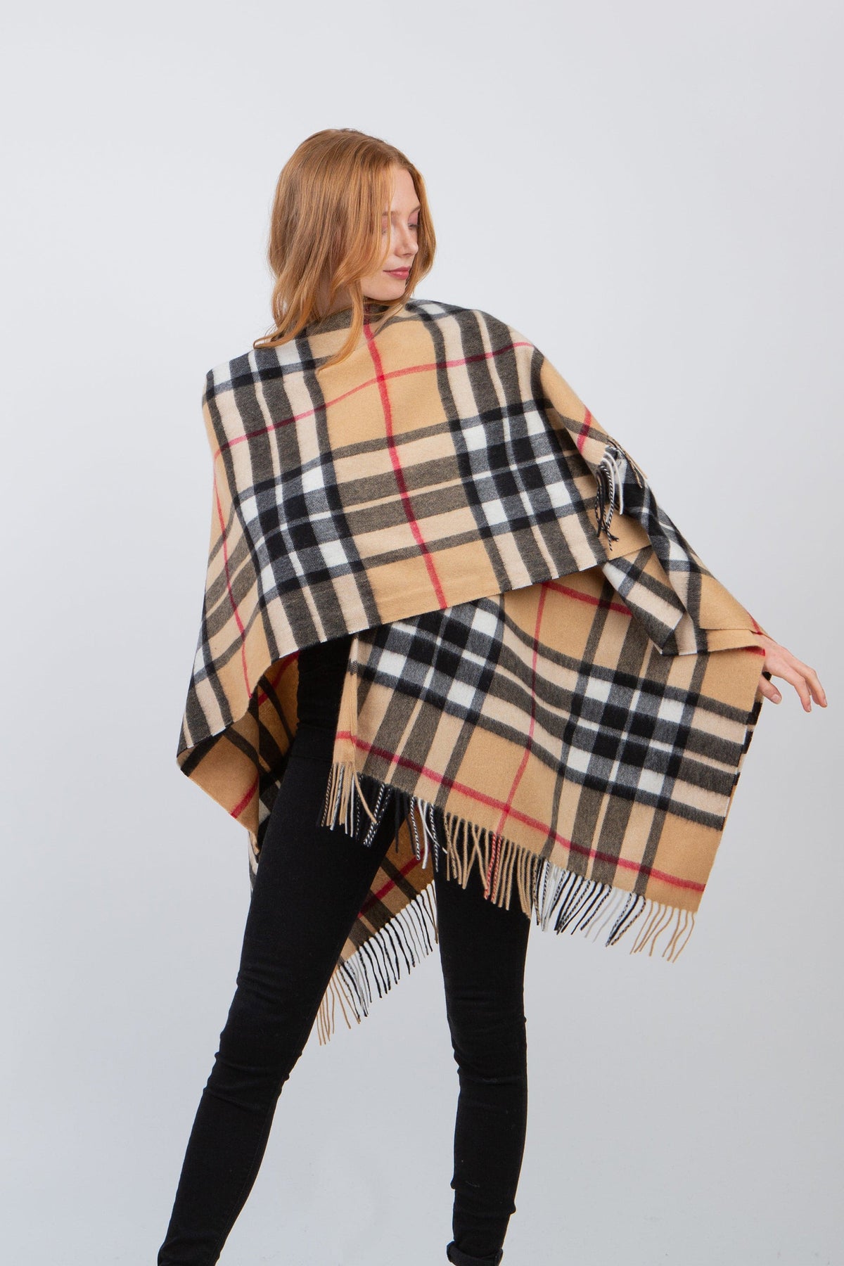 Scotty Thompson Cashmere Wrap in Camel, classic tartan plaid with black, white, and red accents, fringed hem, draped open-front style