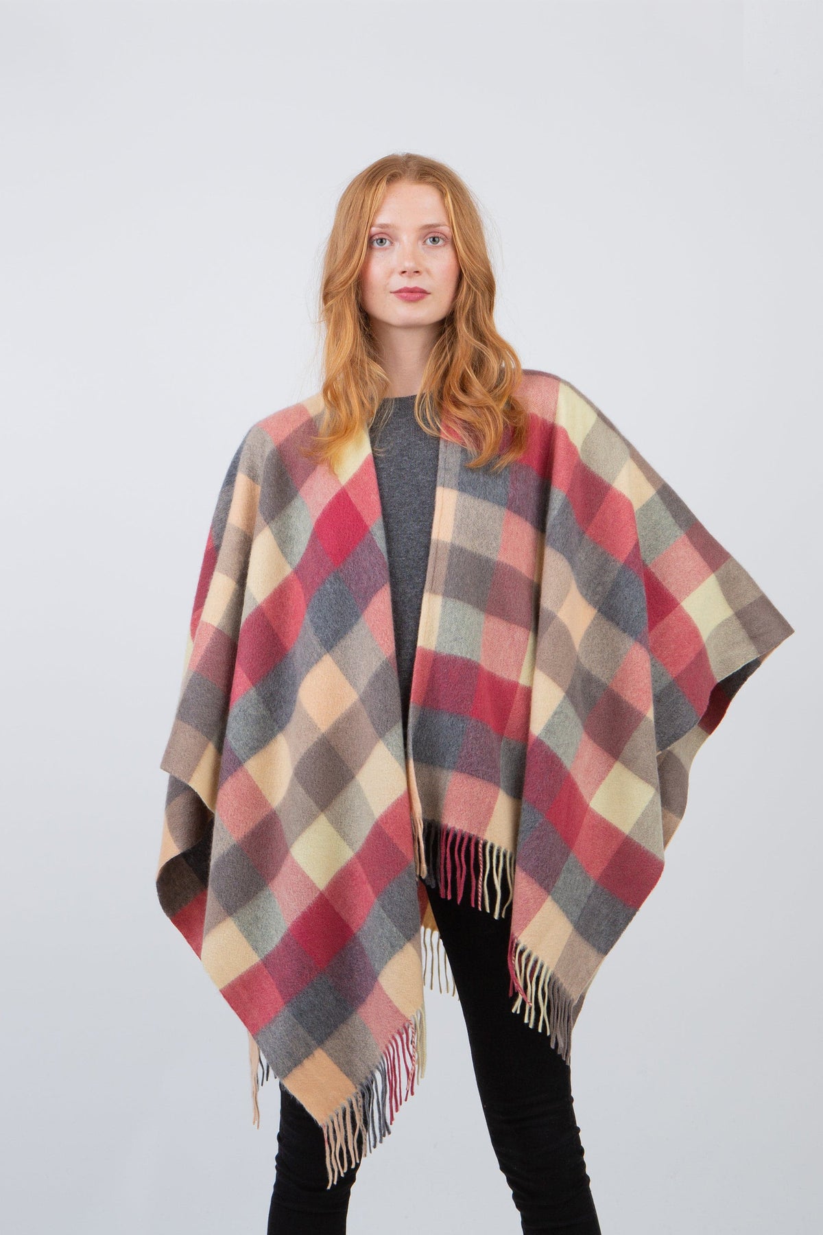 5 Square Cashmere Wrap in Grey Rose, open-front plaid design in pink, grey, cream, and brown with fringed hem