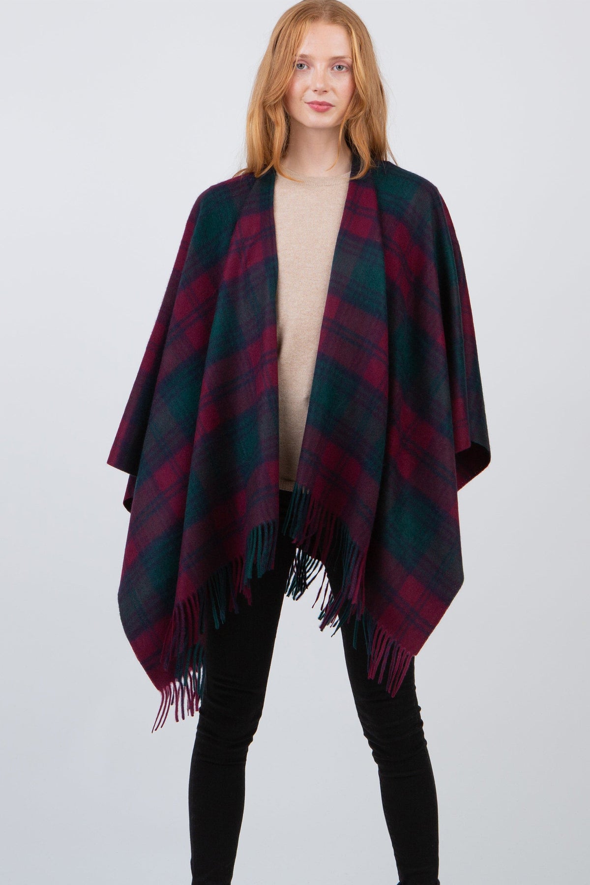 Heritage Tartan Cashmere Wrap - Lindsay in burgundy and green plaid with fringed hem, worn open-front over a beige sweater