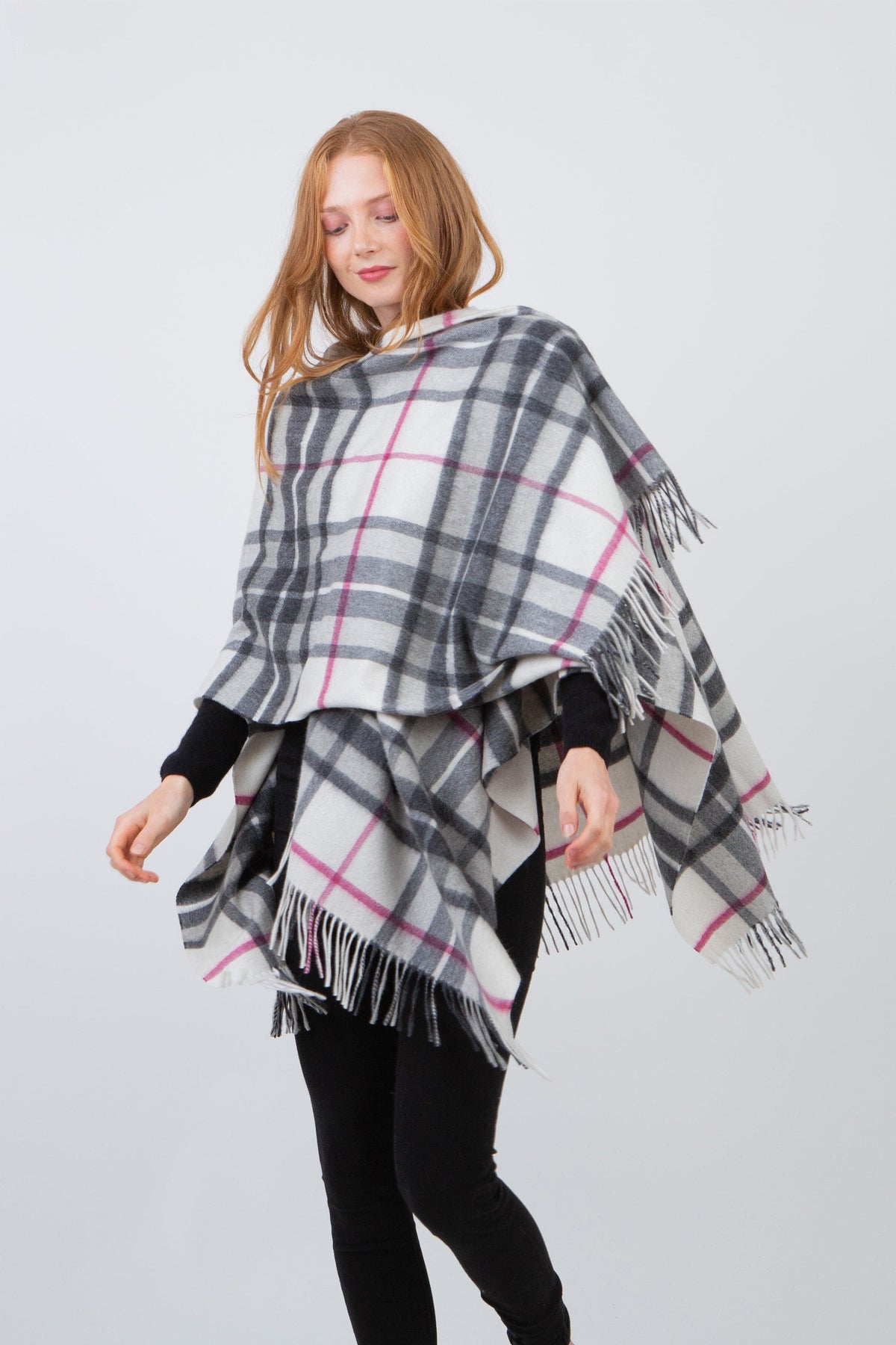 Scotty Thompson Lambswool Wrap in white with grey and pink plaid pattern, fringed edges, draped over shoulders