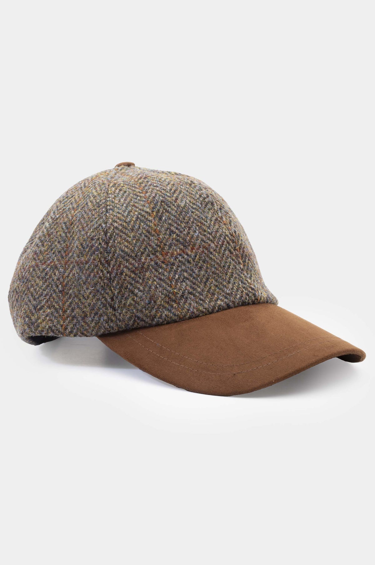 Harris Tweed Baseball Cap in brown herringbone check with contrast tan suede peak, three-quarter front view